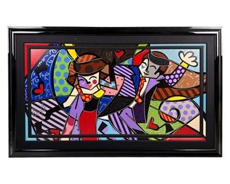 Romero Britto (Brazilian, born 1963). A signed and numbered limited edition mixed media art giclee on canvas. Embellished with paint, ink, glitter, and additional elements. A figural group in the artist's Pop Art Cubist style depicting smiling male and female figures surrounded by a profusion of colorful geometric shapes and forms, including scrolling patterns, hearts, and other forms. Artist signature R. BRITTO and edition number 50 of 60 to lower right. Presented in a black enameled frame with black fabric border and hand painted fillet molding that compliments the work. 