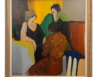 Itzchak Tarkay (Israeli, 1935-2012). An original gallery sized painting on canvas. Titled "Trio." A figural interior room depicting three female figures in the colorful Post Impressionist style. Gallery label on verso with title and artist name. Signed to lower left. Presented in an ornate gilt wood frame. 