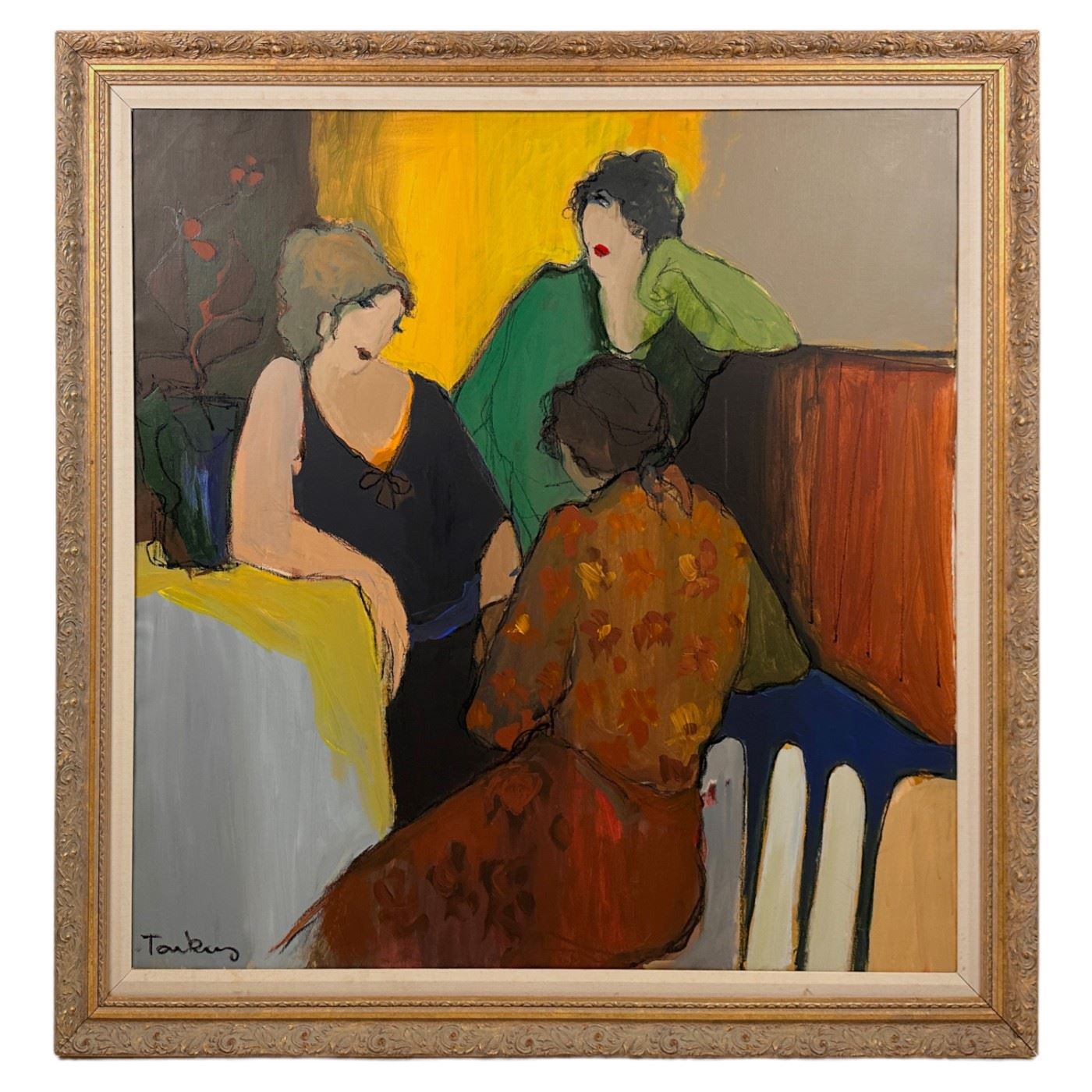 Itzchak Tarkay (Israeli, 1935-2012). An original gallery sized painting on canvas. Titled "Trio." A figural interior room depicting three female figures in the colorful Post Impressionist style. Gallery label on verso with title and artist name. Signed to lower left. Presented in an ornate gilt wood frame. 