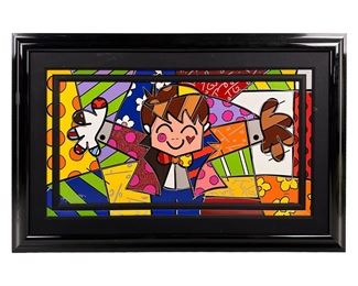 Romero Britto (Brazilian, born 1963). A limited edition mixed media art giclee on canvas. Embellished with paint, ink, glitter, and additional elements. A figural work in the artist's Pop Art Cubist style depicting a smiling boy figure costumed in bright patchwork attire, and surrounded by colorful geometric forms and shapes. Artist signature in silver ink to lower left BRITTO with edition number to lower right 23 of 100. Presented in a black enameled frame with black fabric border and hand painted fillet molding that compliments the work. Sight size measures approximately 19.5" x 39.5". 
