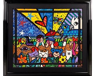 Romero Britto (Brazilian, born 1963). A signed and numbered limited edition mixed media art giclee on paper mounted to board. Embellished with paint, ink, glitter, and additional elements. A figural group in the artist's Pop Art Cubist style depicting smiling boy and girl figures surrounded by a profusion of colorful geometric shapes and wildlife forms, including stars, hearts, birds, fish, kittens, flora, and other forms. Artist signature to lower left ROMERO BRITTO with edition number to lower right 40 of 128. Presented in a black enameled frame with black fabric border and hand painted fillet molding that compliments the work. Sight size measures approximately 29.5" x 36.75". 