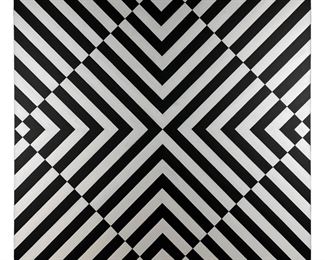 Tim Ray Fisher (American, born 1969). An original acrylic painting on canvas. A modern kinetic Op Art work in symmetrical geometric black and white lines and patterns. Artist signature to verso T FISHER. Presented on a wood stretcher, unframed.