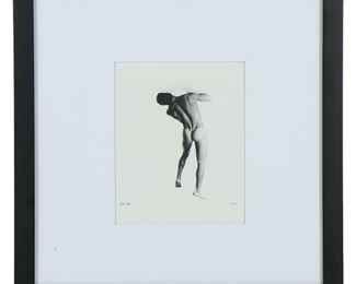 Joe Ziolkowski (American, born 1960). A limited edition fine studio art photography silver gelatin print. A black and white figural work depicting a nude male figure pushing against a ceiling. Limited edition number lower left. Artist monogram initials lower right. Presented in a contemporary black frame with white matting. 