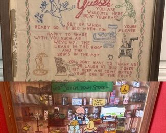 4+ Antique needlepoints and this reversible painted shadow box. Lots of oil paintings and pictures