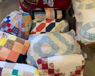 10+ quilts! Includes also one baby quilt, afghans, other bedding and DOZENS of pillows