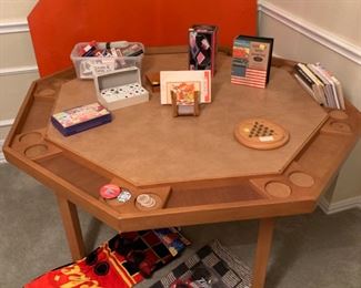 Game table w/folding legs and top, many cards and games at this sale!