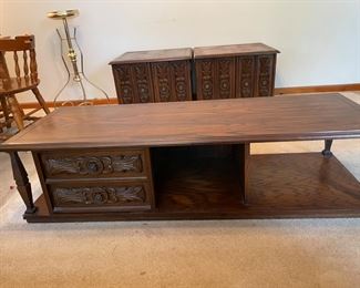 #4		"Coffee table with ornate carved door with sliding compartment ""Lane Style"" 60""x25""x15"""	($ 65.00)