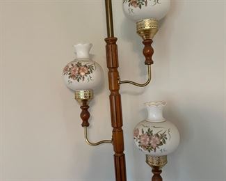 #7		"Vintage 1960's Tension pole floor to ceiling lamp. Great condition. Hurricane floral milk glass shades. 8'x21"""	($ 275.00)