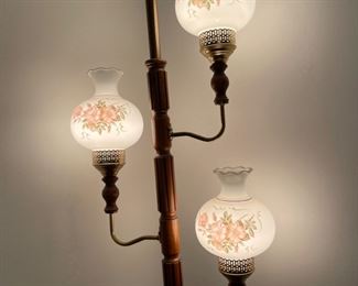 #7		"Vintage 1960's Tension pole floor to ceiling lamp. Great condition. Hurricane floral milk glass shades. 8'x21"""	($ 275.00)