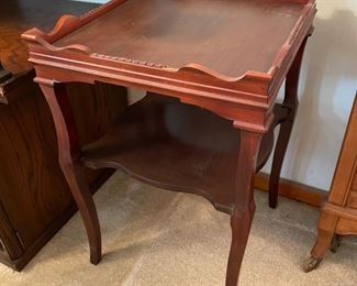 #9		"Pair of side tables cherry w/ 1 shelf. 17.5""square x 27"" *As is* (30 ea)"	($ 60.00)																							