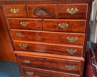#23		"5 drawer wooden bedroom chest ""Lea Furniture"" Shell design and brass handles. 38""x18""x51.5"" *AS IS Drawers, and missing hardware* "	($ 50.00)