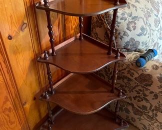 #38		"Vintage Victorian style wood corner shelf/plant stand. 4 shelves. *As is Leg, needs repair""."	($ 40.00)