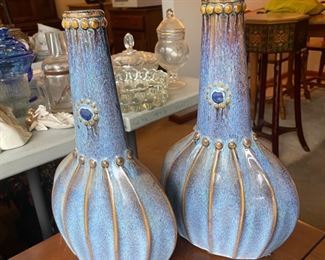 #64		"Set of 2 - Large 15"" Blue and Tan Pottery Ribbed Southwest Style Vases"	($ 20.00)																							