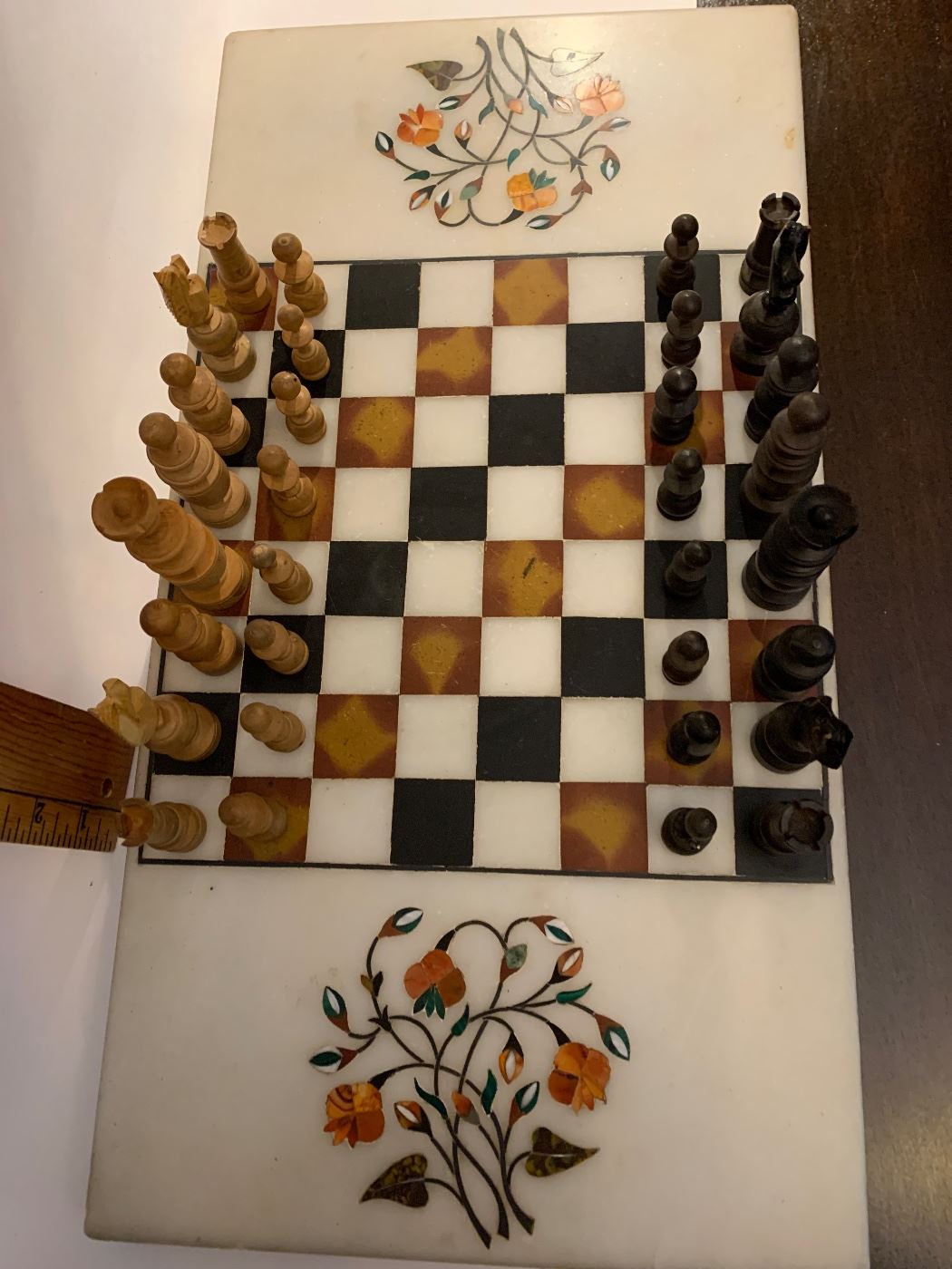 Rare Regency Chess Set on floral inlay marble with 4" king 