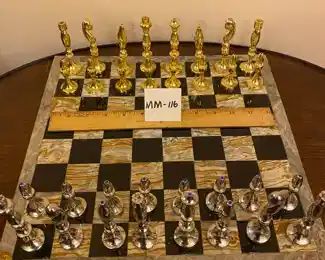 Beautiful modern style gold and silver metal Chess Set with precious stones embedded.  4 1/2" King.