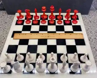 The Perfect Chess Set.  Bone, Red and White.  4" King