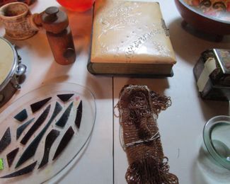 Celluloid photo album, antique beaded bag