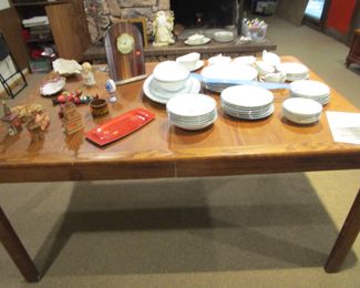 Mid Century oak table with assorted vintage china