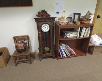 Antique clock, books, vintage childs chair