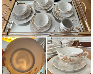 Vintage Handpainted Japanese Lithophane Eggshell Gilded Porcelain dessert set for 4 