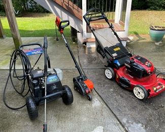 Outdoor Equipment; Excel Pressure washer with Honda engine (starts & runs), Black & Decker electric edger, Self-propelled Toro Lawnmower