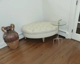 Lillian August custom tufted top oval ottoman, side table, vase