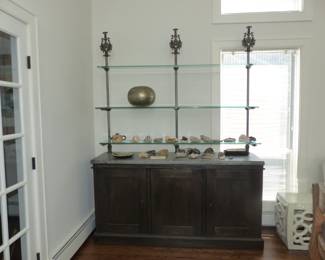 Restoration Hardware antiqued brown pine sideboard with bluestone top & iron/glass hutch top