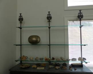Restoration Hardware antiqued brown pine sideboard with bluestone top & iron/glass hutch top
