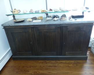 Restoration Hardware antiqued brown pine sideboard with bluestone top & iron/glass hutch top