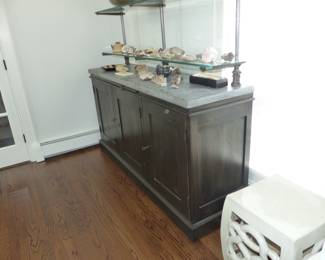 Restoration Hardware antiqued brown pine sideboard with bluestone top & iron/glass hutch top