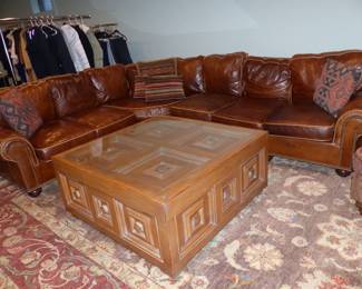 Leather sectional sofa, cocktail table