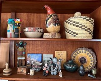 Hopi Quail 2pc gourd, Kachinas, pottery, Storytellers and basket.  Large Pima basket with lid.