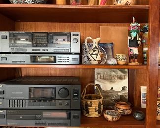 JVC stereo, small Pima basket, Hopi pottery
