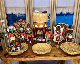 Hopi art.  Sifting baskets, Kachinas, Arnold Herrera Drum, B Two Hills wedding vase.