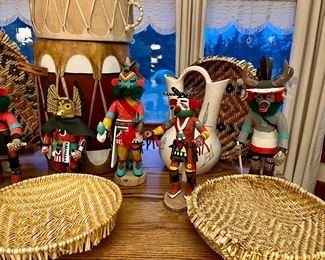 Hopi Kachinas, sifting baskets, pottery and drums.