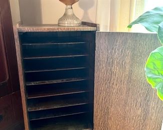 Antique record cabinet and oil lamp