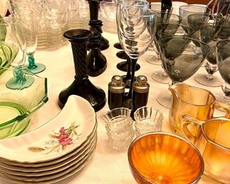 CM Inc Chadwick bone dishes, black glass candleholders, salt & pepper shakers, carnival glass