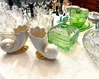 Vintage shell vases, green depression glass, crystal glasses.