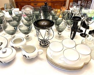 Milk glass snack set, Mid Century smoky black glass crystal goblets and candleholders 