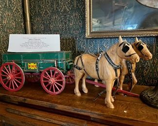 John Lohrentz carved wood team of horses and wagon