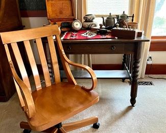 Desk chair and antique library table 