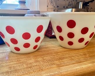 Fire King milk glass mixing bowls with red polka dots