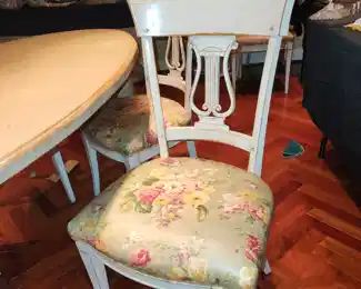 distressed dining table with 6 chairs, by Woodland, chairs