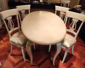 distressed dining table with 6 chairs, by Woodland