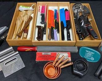Assorted Kitchen Utensils, Knives More Sharpeners, Wooden Tools