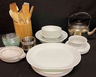 Corelle Bowls Plates Set More Wood Utensils, Metal Ramekins, Teapot, Pyrex, Corning
