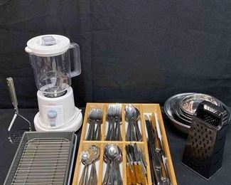 Kitchen Essentials Silverware, Blender, Mixing Bowls, Pans