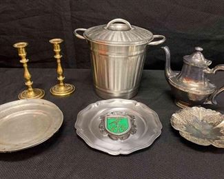 Mixed Metal Lot Candle Holders, Decorative Plates, Silver