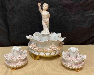 Vintage Porcelain Cherub Centerpiece And Candle Stick Holders