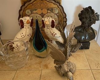 Murano, signed bust, silver roosters, etc.